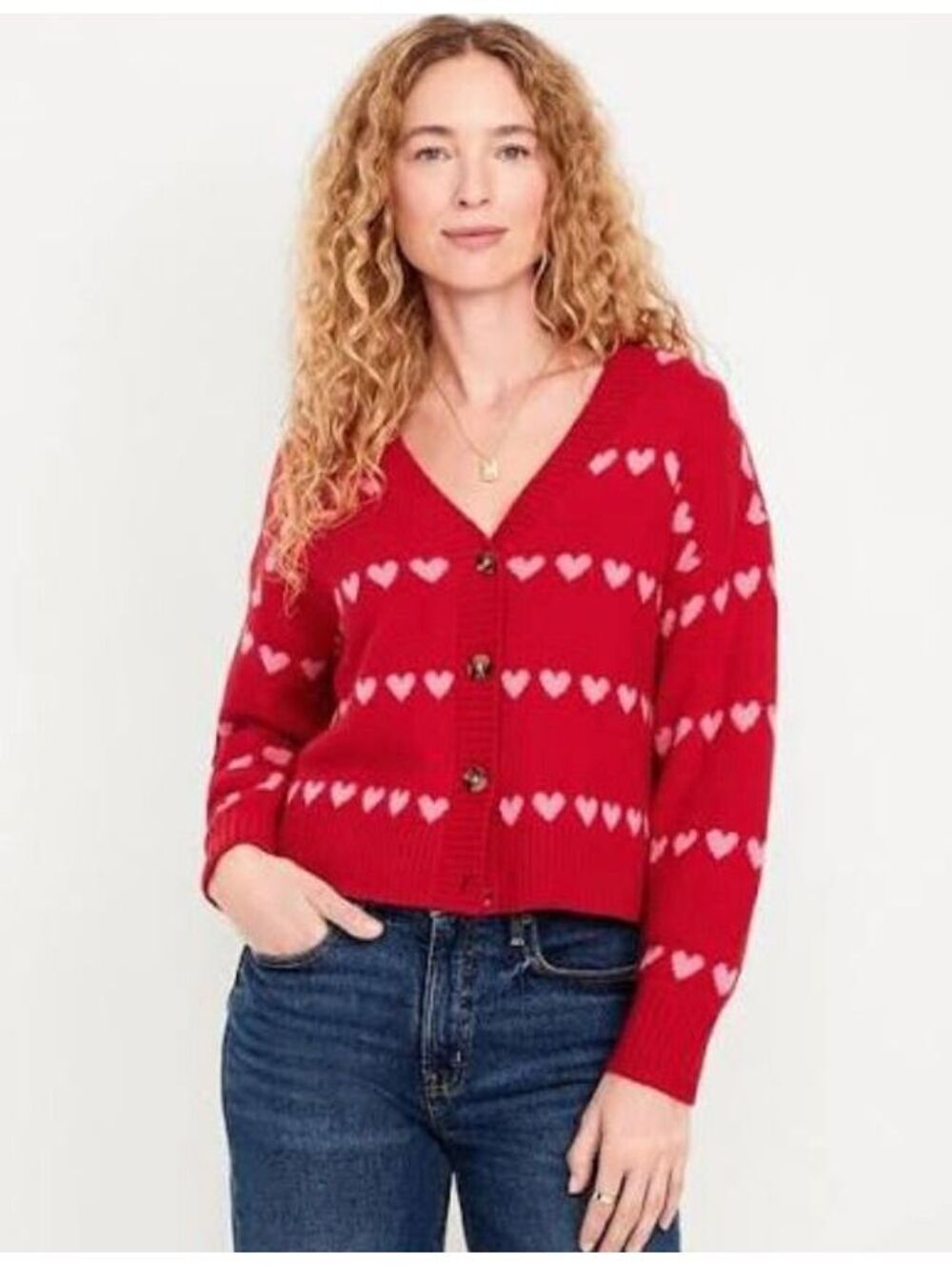 Old Navy SoSoft V-Neck Valentine Cardigan Sweater Red Heart Stripe medium
